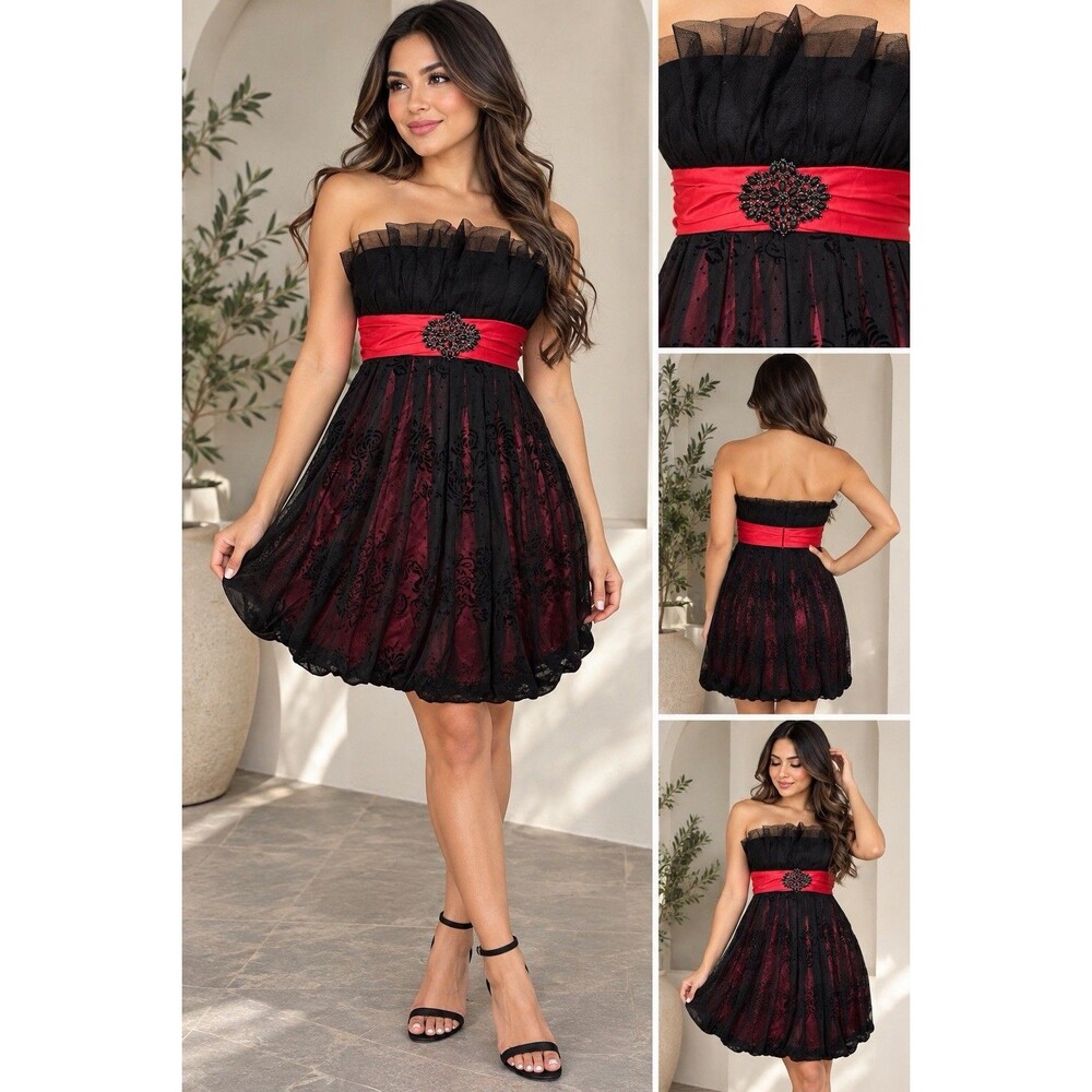 Vtg Y2K Babydoll Black Red Strapless Mini Dress Lace Tulle Ruffle Jeweled SZ M